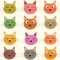 Cute Colorful cartoon cat faces seamless pattern in orange, brown , gray, green and pink . For textile, fabric and apparel 