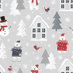 Christmas seamless pattern with polar bear, snowman, snowy house, christmas tree and snowflakes. Flat style.