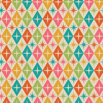 Mid century modern atomic starburst on retro diamond shapes seamless pattern in teal, green, orange, pink  and yellow. For home d&eacute;cor, textile and fabric 
