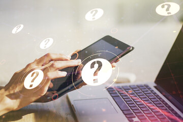 Creative concept of question mark illustration and finger clicks on a digital tablet on background....