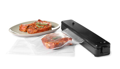 Sealer for vacuum packing and plastic bag with tasty meat, rosemary on white background