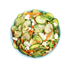Bowl of delicious cucumber salad isolated on white, top view