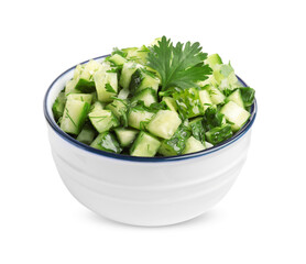 Bowl of delicious cucumber salad isolated on white