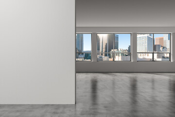 Obraz premium Downtown Los Angeles City Skyline Buildings from High Rise Window. Beautiful Expensive Real Estate overlooking. Empty room Interior. Mockup wall. Skyscrapers Cityscape. Day. California. 3d rendering.