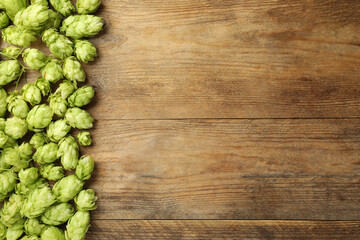 Fresh green hops on wooden table, top view. Space for text