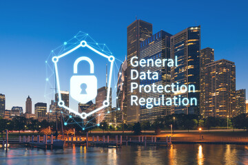 City view of Downtown skyscrapers, Chicago skyline panorama over Lake Michigan, harbor area, night time, Illinois, USA. GDPR hologram, concept of data protection regulation and privacy for individuals