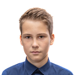 Head and shoulders portrait of a young 11 year old boy with brown eyes and dark hair in a good mood with a smile looks into the camera isolated on transparent background