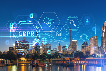 City view of Downtown skyscrapers, Chicago skyline panorama over Lake Michigan, harbor area, night time, Illinois, USA. GDPR hologram, concept of data protection regulation and privacy for individuals