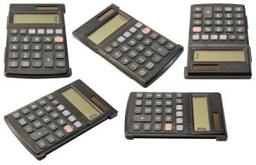 A set of several black calculators with buttons and solar panels isolated on a white transparent background.