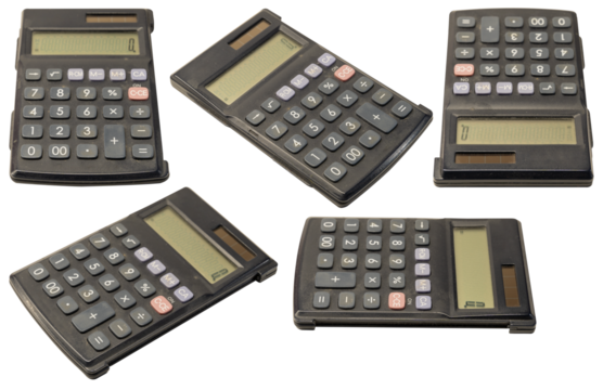 A set of several black calculators with buttons and solar panels isolated on a white transparent background.