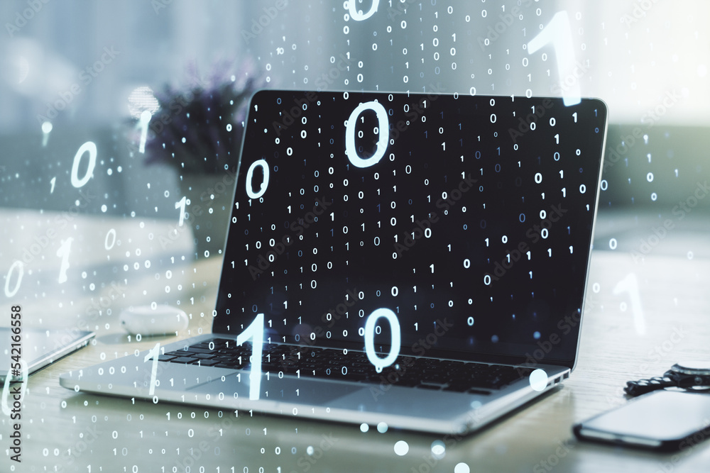 Leinwandbilder Double exposure of creative abstract binary code hologram on laptop background. Database and programming concept
