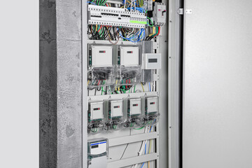 Fuse box with many electric meters and wires