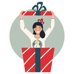 A happy girl jumps out of a festive box with a bow. Celebrating New Year and Christmas. Illustration of a character in the flat style.