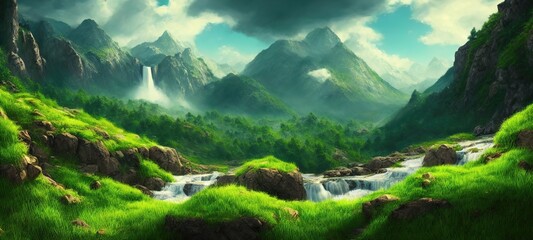 Cascade of the waterfall flows down from the slope of the mountains. Mountain rivers flow among green lawns and mountain peaks. Fantasy waterfall panorama. 3d illustration - obrazy, fototapety, plakaty