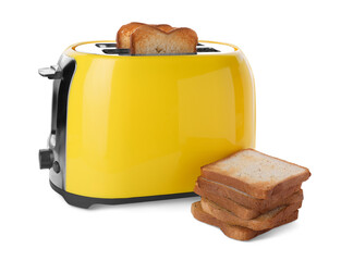 Yellow toaster with roasted bread slices on white background
