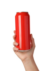 Woman holding red aluminum can on white background, closeup