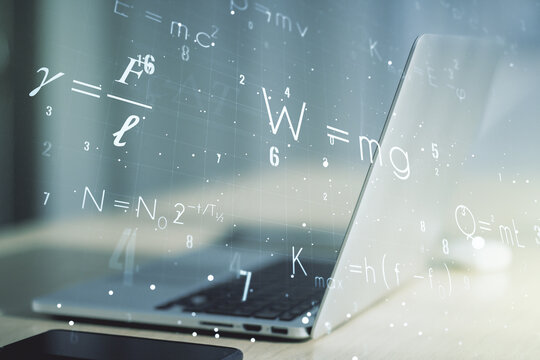 Creative scientific formula illustration on modern computer background, science and research concept. Multiexposure