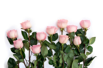 Bouquet of flowers pink roses on a white background with space for text. Top view, flat lay