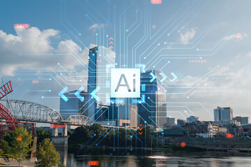 Fototapeta na wymiar Panoramic skyline view of Broadway district of Nashville over River at day, Tennessee, USA. Hologram of Artificial Intelligence concept. AI and business, machine learning, neural network, robotics
