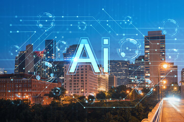 Panoramic view of Broadway district of Nashville over River at illuminated night, Tennessee, USA. Hologram of Artificial Intelligence concept. AI, business, machine learning, neural network, robotics