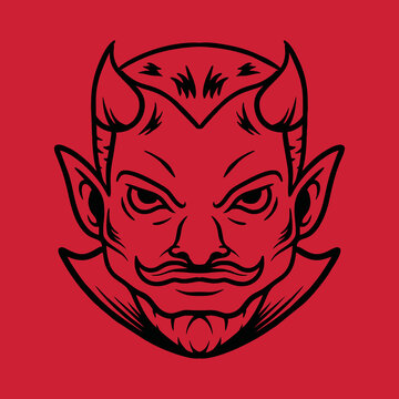 Evil Halloween illustration Monoline Vector Logo, head devil vintage badge, creative emblem Design For Tshirt