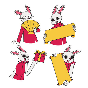 Chinese new year bunny holding banner and giving gifts in flat design