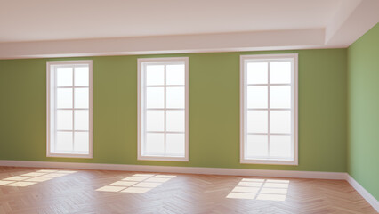 Sunny Interior of the Green Room with Three Large Windows, Light Glossy Herringbone Parquet Floor and a white Plinth. Beautiful Concept of the Empty Room. 3d illustration, Ultra HD 8K, 7680x4320