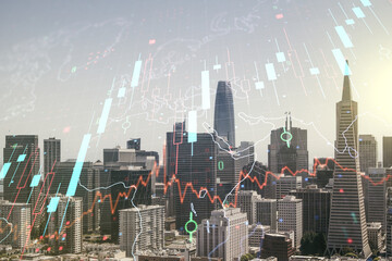 Double exposure of abstract creative financial chart hologram and world map on San Francisco city skyscrapers background, research and strategy concept