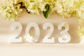 White wooden number 2023 on pastel beige background with flowers. Top view, flat lay. Happy New...