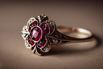 Close up of vintage golden ruby and diamond ring