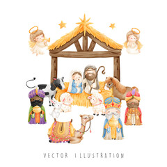 Christmas nativity, holy night, vector illustration