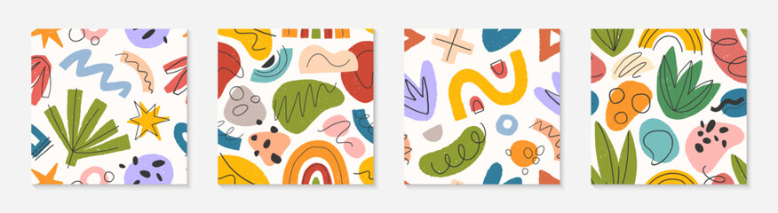 Set of childish abstract seamless pattern.Colorful hand drawn organic shapes,lines,doodles and elements.Vector trendy design for prints,flyers,banners,fabric,invitations,branding,covers and more.