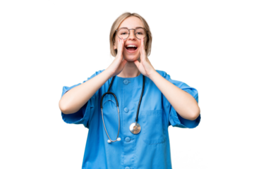 Young nurse English woman over isolated background shouting and announcing something