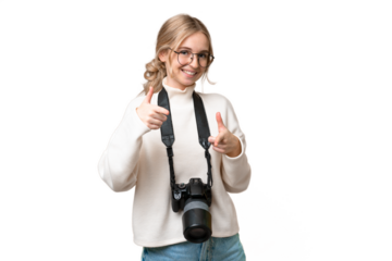 Young photographer English woman over isolated background pointing to the front and smiling