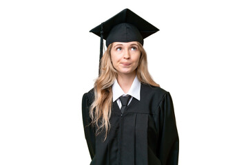 Young university English graduate woman over isolated background and looking up