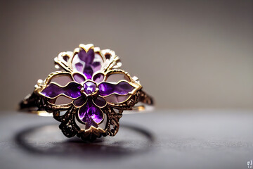 Vintage ring close up, purple and rose stones