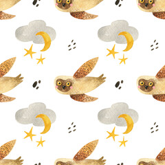 Watercolor seamless pattern with owl, moon and stars. Perfect for textiles, wallpaper and your design.