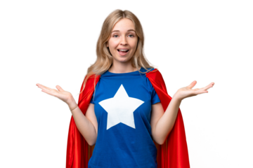 Super Hero English woman over isolated background with shocked facial expression