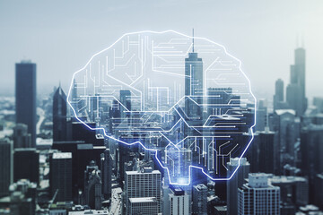 Virtual creative artificial Intelligence hologram with human brain sketch on Chicago cityscape background. Double exposure