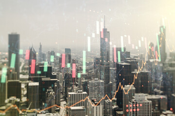 Abstract creative financial graph and world map on Chicago cityscape background, financial and...