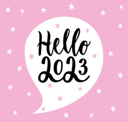 Hello 2023. Vector illustration on pink background. Design vector card on pastel background. New year concept. Sketch vector illustration.