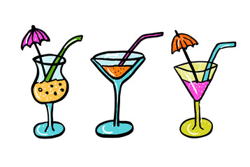 Set of cocktails doodle style. Hand drawn vector illustration. Line art cartoon character style isolated on white background.