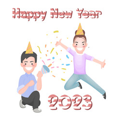 New year 2023 party people, two men celebrating and happy Christmas