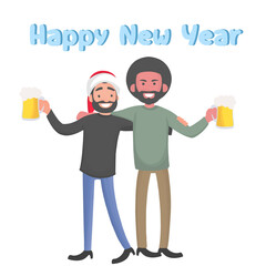 New year 2023 party people, two men  celebrating and drink beer in Christmas day