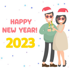 New year 2023 party people, man and woman couple celebrating and happy Christmas