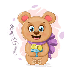 Obraz premium Birthday postcard with a cute bear and a gift box