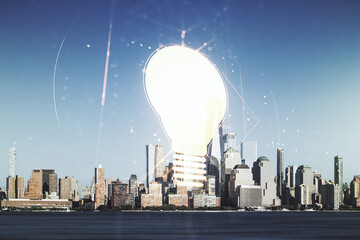 Abstract virtual light bulb illustration on New York cityscape background, future technology...