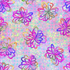 Fototapeta na wymiar Hand drawn colorful flowers. Imitation embroidery. Seamless trendy pattern.