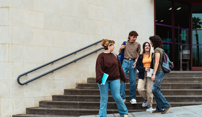 Young students leaving university after lesson - Youth and education concept