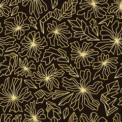 Stylized gold flowers on a black background. Seamless pattern. Vector illustration.